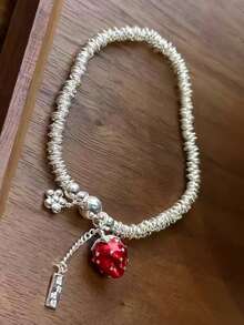 Sterling Silver Bracelet Korean Version Of Berry Has Troubles Silver Ring Bracelet Women's Fashion Sweet Strawberry Elastic Rope Beads Niche Temperament Personalized Hand Jewelry
