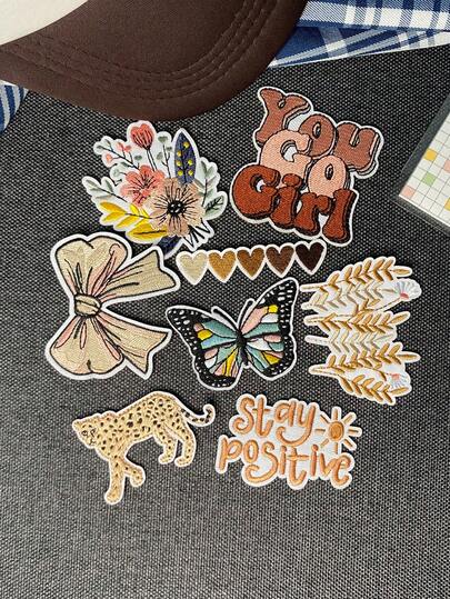 1 Set Of 3/8pcs Natural Style Embroidery Patch Cute Cartoon Fashion Polyester Badge Applique DIY Clothing Iron On Patches Sew Accessory Cloth Stickers Suitable For Backpacks, Jeans, Jackets, T-Shirts, Hats, Dresses, Etc