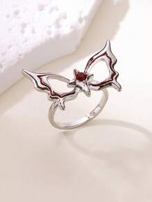 1Pc Gothic Style Butterfly Ring With Red Gemstone, Edgy Dark Style Butterfly Mask Ring, Halloween Jewelry Fashion Accessories, Halloween Party Accessories