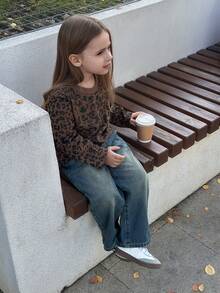 DAZY 女童豹纹圆领长袖休闲宽松T恤