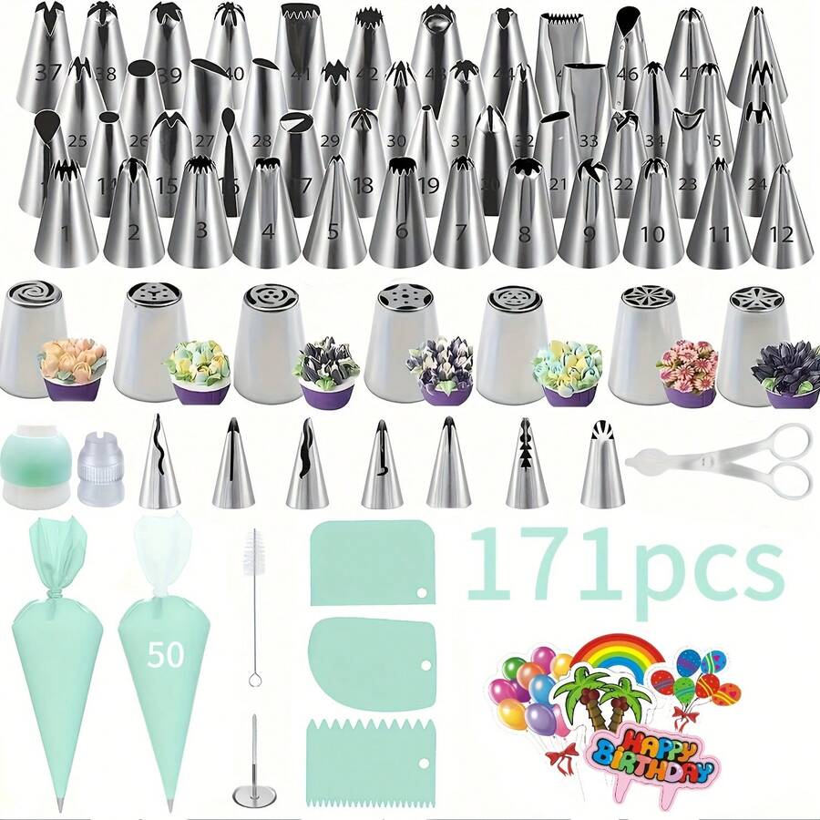 171pcs Russian Piping Nozzle Set - Stainless Steel Cake Decorating Tips, Baking Tools - Mint Green - View 1
