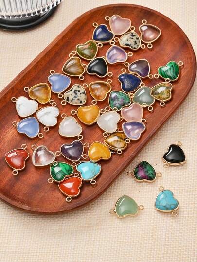 5/30pcs Multi-Color Natural Crystal Plated Gold Edge Heart Pendant, Suitable For DIY Necklace, Bracelet, Earring, Keychain, Phone Chain, Jewelry Making
