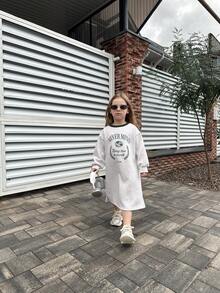 DAZY Young Girl Round Neck Knit Thermal Lined Printed Dress, Fall - Grey - View 2