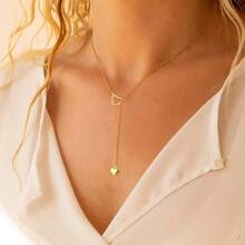 Luxval Lariat Gold Necklace For Women, Dainty Long Necklace 14k Gold Plated/Silver Y-Shaped Pendant Necklaces  Beaded Chain Drop Necklaces Jewelry For Women Gifts{"Color_name":"Gold-DoubleHeart"} - 金雙心 - 查看 4