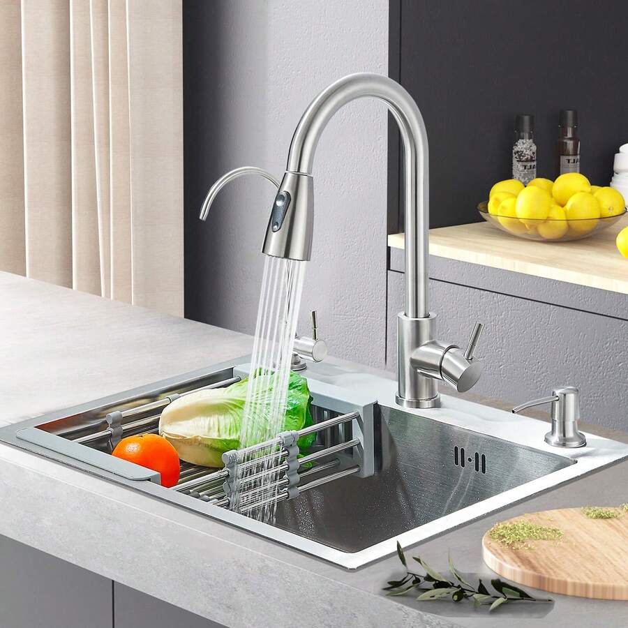 Saetow Juego de fregadero de cocina de níquel cepillado con grifo extraíble, grifo de agua pura y dispensador de jabón, fregadero de acero inoxidable 304 de un solo seno con cesta de desagüe ajustable y diseño de desagüe en X, accesorios completos para la cocina (55 * 45 cm) - Níquel cepillado 55*45cm - Ver 1