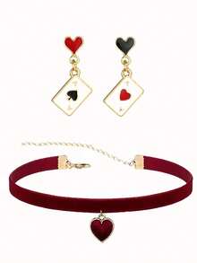 3pcs Women Fashion Asymmetric Heart & Playing Card Pendant Necklace Choker Set - Multicolor - View 10