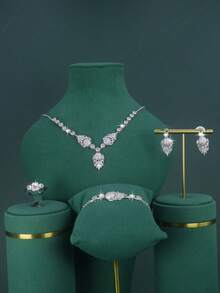 Conjunto de 5 joias de casamento com design geométrico banhado a ouro branco, conjunto de joias de zircônia cúbica branca, incluindo colar, pulseira, brincos e anel, adequado para uso diário e casamento, presente de aniversário de casamento - Conjunto Geométrico - Ver 9