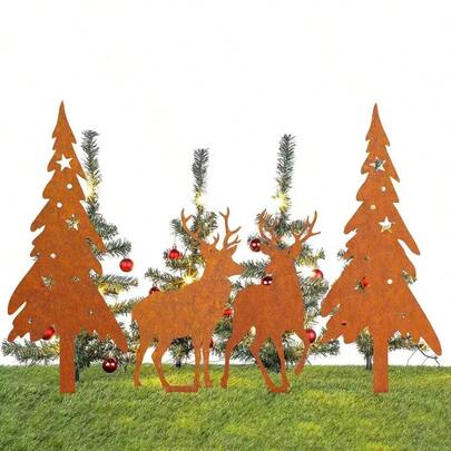 3pcs/4pcs Christmas Rust Christmas Tree Garden Yard Decoration, Christmas Elk Flower Pot Silhouette Decoration Art, Metal Deer Decoration, Christmas Tree Decoration, Holiday Decoration