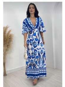 Long Farmhouse Style Dress - 手臂和藍色 2 - 查看 1