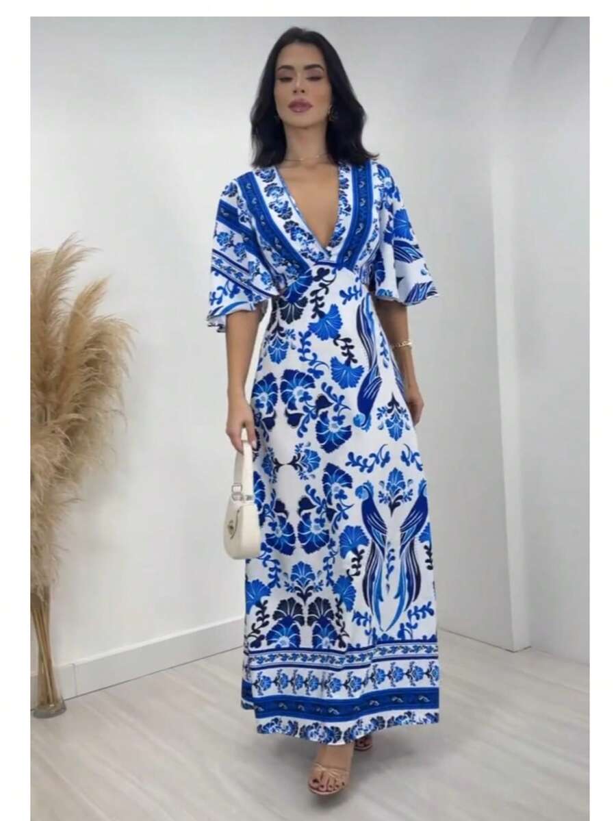 Long Farmhouse Style Dress - 手臂和藍色 2 - 查看 1