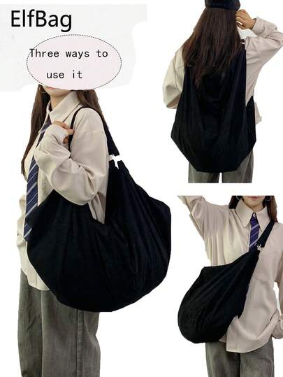 1pc Large Capacity Minimalist Black Shoulder Bag, Japanese Style Tote Bag, Soft Corduroy Fabric Women's Crossbody Bag, Distinctive Design, Zipper Closure, Casual Versatile Backpack For Work, School, Travel, Suitable For Autumn/Winter, Unisex