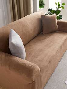 1pc Warm Plush Solid Color Stretch Sofa Cover, Modern Minimalist Non-Slip One-Piece Sofa Protector Slipcover, Suitable For L-Shaped Sofa And 1/2/3/4 Seater Sofa - Camel - View 9