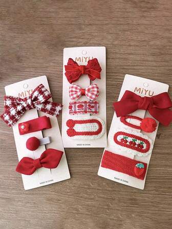 1 件圣诞节和新年节日红色甜美面料蝴蝶结花朵和樱桃纱线发夹，BB 夹，适合女孩和年轻女孩的配饰