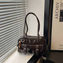 1pc Vintage Minimalist Zipper Tote Bag, Decorated With Pockets, Dual Handles, Suitable For Women's Casual Daily And Commuting Use - Coffee - View 10