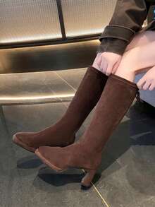 女士时尚靴子，2025秋冬新款，高跟厚底弹力绒面革修身靴，厚底过膝靴，高跟后拉链礼服靴，棕色长靴，酒红色高跟鞋 - 棕色 - 查看 6