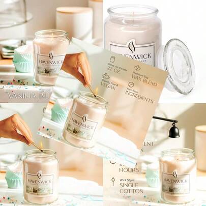 Vela grande de 22 onzas en frasco de Havenwick con mezcla de soja de crema de vainilla con aroma relajante, de larga duración con 110-130 horas de tiempo de quemado y mecha de algodón único, ideal como regalo para nuevos hogares y fiestas de inauguración