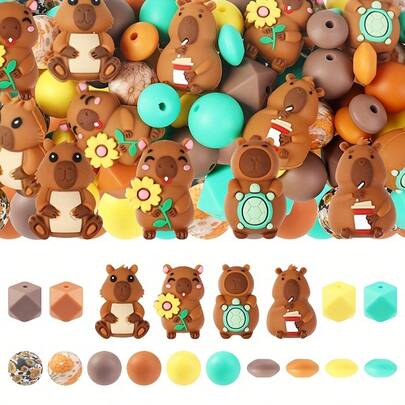 8/25/50/52pcs Cute 3D Capybara Silicone Beads, Polygon + Printed Round Beads + Flat Beans, Fashionable Design, Suitable For Jewelry Making, Ideal For DIY Bracelets, Beaded Pen Accessories, Keychains, Holiday Party Decorations And Other Handicrafts - Ideal Gift - Beading Set, Beading Supplies, Keychain Accessories, Floral Pattern Beads, Animal Pattern Beads, Handmade Bead Series, Crafting Hobbyists, Gift Makers