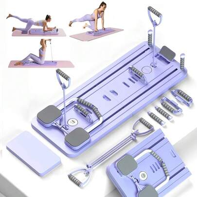 Tabla de Ejercicios Plegable Multifuncional con Cuerdas Elásticas, Equipo de Fitness para el Hogar (Negro/Rosa/Lila)