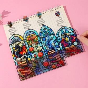 奇幻彩绘玻璃风格亚克力书签，创意设计，饰有书籍、宝剑和龙图案，是送给奇幻小说爱好者的节日礼物。