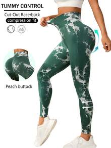 Seamless High Elastic Tie-Dyed Sports Leggings For Women,High-Waisted Tuck In The Abdomen And Lift The Buttocks Yoga Leggings,Women Gym Running Training Legging - Màu xanh lá - Xem 1