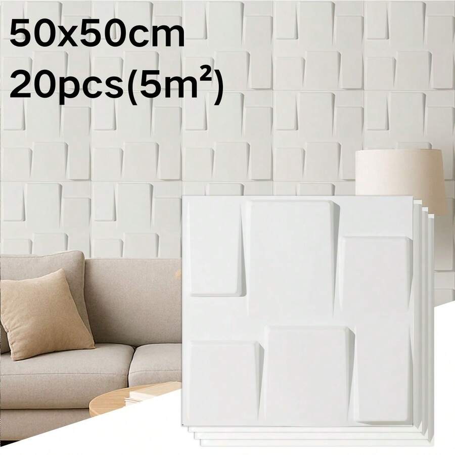 20Pcs White Geometric 3D Wall Panels, Premium PVC Waterproof Textured Wall Tiles, 50x50cm Large Size, Modern Minimalist Style Decorative Wall Covering, DIY Accent Wall for Living Room, Bedroom, Kitchen, Office, Commercial Space, TV Background, Media Backdrop, Contemporary Interior Home Decor Solution - Blanco 3 - Ver 1