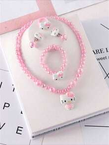 Sanrio 5pcs/Set Teenage Pearl Acrylic Necklace, Bracelet, Earrings, Ring Jewelry Set, Hello Kitty Theme (With Card)