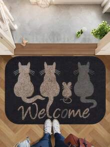 1 pieza Felpudo de bienvenida con tema de gato, de poliéster antideslizante, resistente a las manchas, ligero, lavable, con estampado de múltiples gatos, adecuado para interiores/exteriores, excelente para sala de estar, baño, cocina, ideal para Navidad, Halloween, Acción de Gracias, San Valentín, Graduación, 4 de Julio Alfombra de cocina