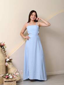Long Dress For Children And Youth, Outing Or Party Tailoring, Sensorial Marrant, Side Slit, Double Upper Fabric, Strap Adjusters, 10 12 14 16, Tie And Elastic At The Back, Adjustable, Spring/Summer - 淺藍色 - 查看 5