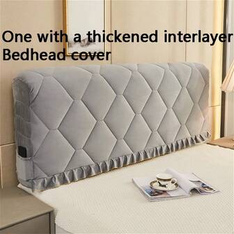 1pc Diamond Quilted Solid Color Headboard Cover, Plush Velvet Thickened Full Wrap Design With Ruffle Trim, Dual Side Storage Pockets, Comfortable Backrest, Simple & Elegant, Soft & Smooth Texture, Durable, Machine Washable
