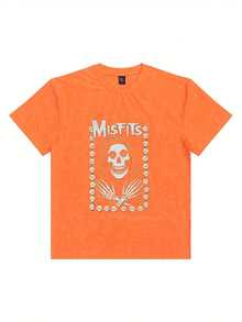 MISFITS Skull Graphic T-Shirt - Red Marbled Tie-Dye Textured Crew Neck Short Sleeve Tee, Stylized Grim Reaper Skull Design With Smaller Skulls Border, White Bold Font Above - Perfect For Rock Fans, Casual Summer Breathable Top- Fall Graphic T-Shirt Women's Halloween Animal Print Casual T-Shirt For Fall Outfit - 橘色 - 查看 6