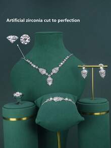 Conjunto de 5 joias de casamento com design geométrico banhado a ouro branco, conjunto de joias de zircônia cúbica branca, incluindo colar, pulseira, brincos e anel, adequado para uso diário e casamento, presente de aniversário de casamento - Conjunto Geométrico - Ver 7