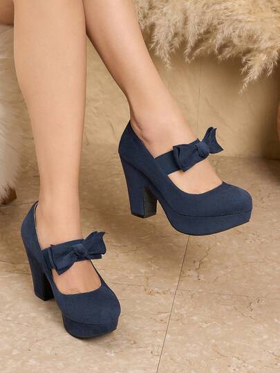 Women's Black Chunky Heel Closed Toe Low Block High Heel Pumps, Round Toe Work Shoes, Mary Jane Shoes With Bow, Comfortable Women's Formal Shoes, Mother's Day Gift