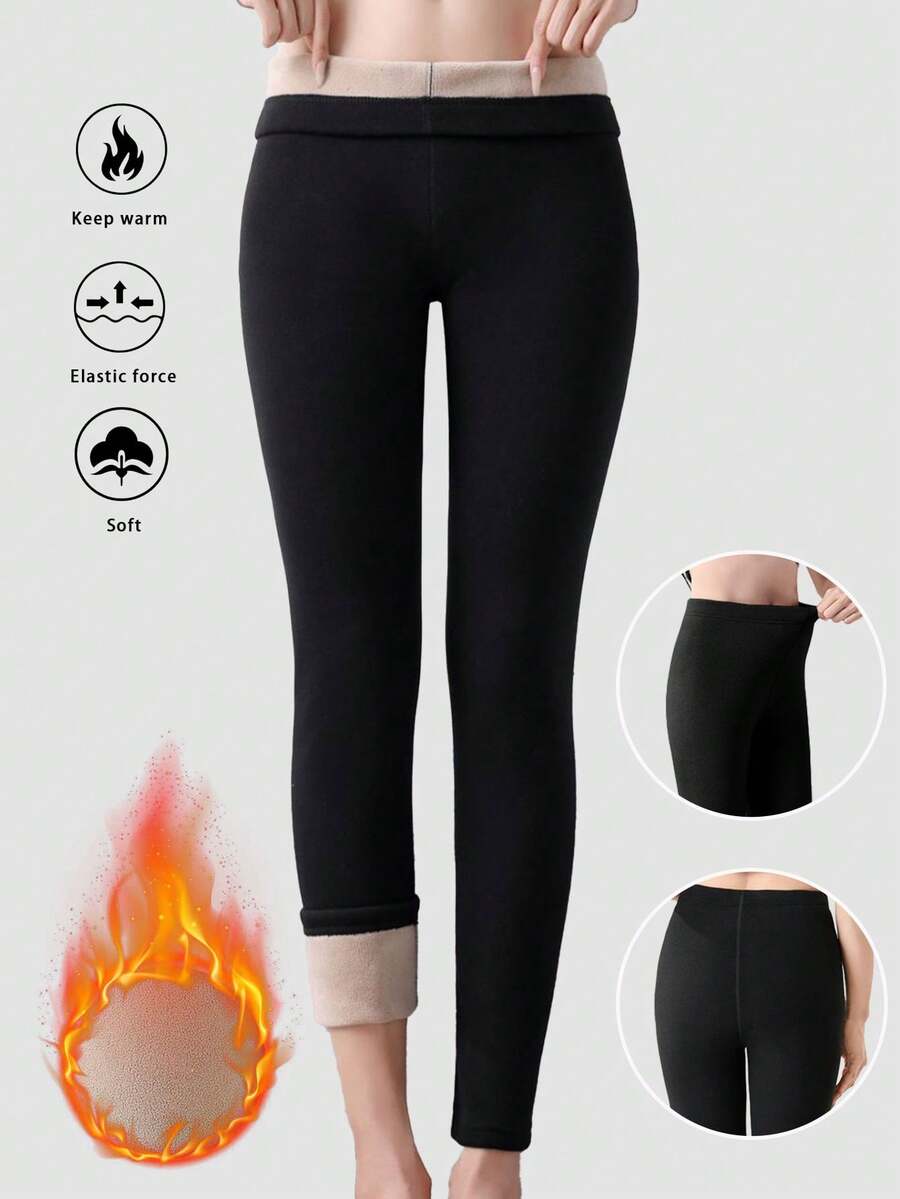 1 pieza Leggings térmicos forrados para mujer, pantalones ajustados de cintura alta elástica para uso diario en invierno - Negro - Ver 1