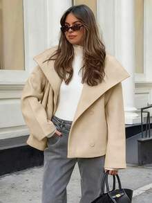 卡其色翻领羊毛大衣，女士宽松版型外套，秋冬新品 - 卡其色 - 查看 10