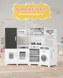 MAMIZO Kids Corner Play Kitchen, Ultimate Interactive Wooden Kitchen Playset With Lights & Sounds, Cooking Toy Set With Stove, Range Hood, Sink, Faucet, Ice Maker & Washing Machine - White - View 3