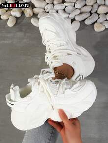 1双女士白色系带休闲运动鞋，时尚白色厚底运动鞋，春秋季 - 米色 - 查看 9