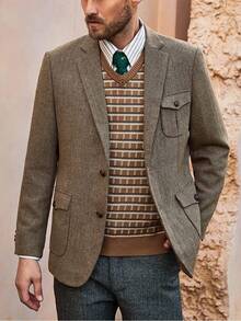 Men's Autumn/Winter New Herringbone Casual Suit Jacket, Slim Fit Workwear Blazer - Khaki - View 4