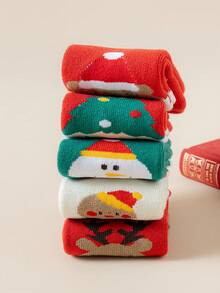 5 Pasang Kaos Kaki Anak Perempuan, Hijau, Putih, Merah, Cokelat, Kuning, Blok Warna, Kartun Rusa, Manusia Salju, Beruang, Pohon Natal, Bintang, Pola Kepingan Salju, Musim Gugur/Musim Dingin, Lembut & Hangat, Tebal, Gaya Sederhana, Lucu, Modis, Serbaguna, Cocok Untuk Pemakaian Sehari-hari - MultiWarna - View 8