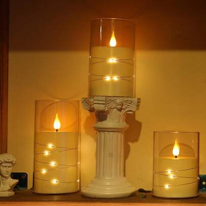 Flickering Flameless Candles: Built-In String Lights Unbreakable 3D Wick Acrylic Battery Operated LED Pillar Candles With Remote (White, 4 5 6)