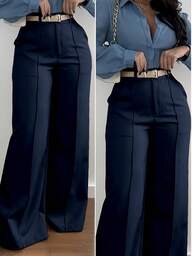 Solid Color Zipper Pocket Button Waistless Elegant Fashionable Versatile Suit Pants For Commuting