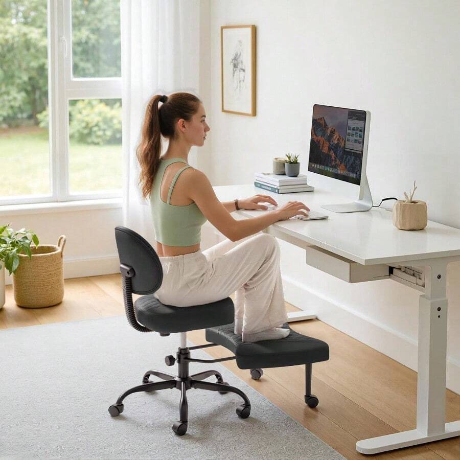 Ergonomic Criss Cross Legged Office Chair With Wheels 360°Swivel Adjustable Height Kneeling Desk Chair With Footrest For ADHD Yoga Meditation Home Office Leather Black - 黑色 - 查看 1