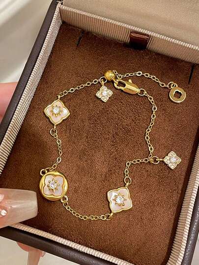 1pc Stainless Steel 2025 New Rhinestone Clover Bracelet, Vintage Fashionable Luxury Delicate Niche Design Bracelet Without Box