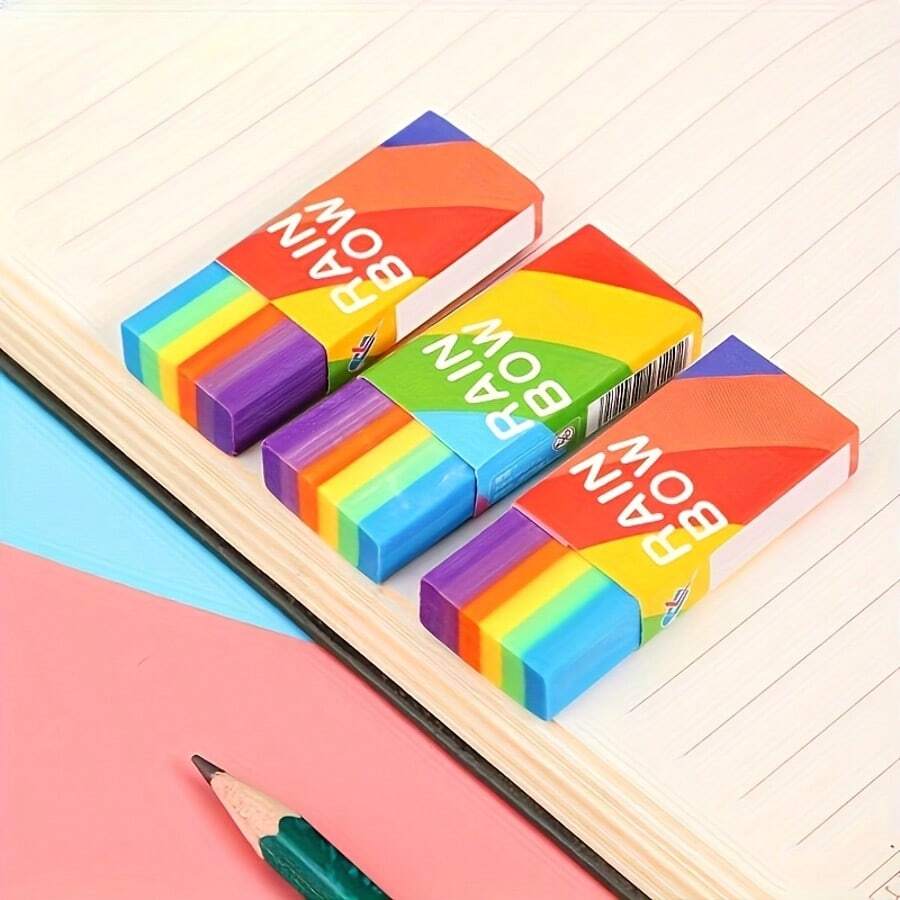 5/10pcs Rainbow Pencil Erasers - 2B Synthetic Rubber, Multicolor Rectangular Design, Suitable For School, Office And Art Projects - Multicolor - View 1