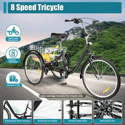 24 Inch Tricycle For Adult 8 Speed - Height Adjustable Cargo Trike With Basket And Black Bag For Women & Men