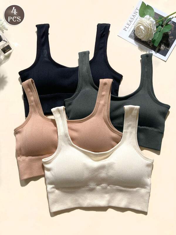 4 peças de sutiãs esportivos femininos para ioga, ombro caído, roupa íntima elástica confortável e sem costura para exercícios internos e externos