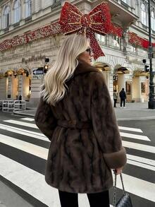 2025 Winter New Christmas & New Year Faux Fur Collar Faux Fur Coat, Vintage Loose Long Sleeve Women Faux Fur Jacket - Coffee Brown - View 6