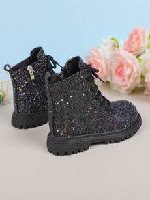 1 Pair Kids Black Shiny Star Holographic Glitter PU Side Zipper Thick Sole Boots, Classic Round Toe Design, Cute & Fashionable, Soft & Comfortable, Suitable For 3-15 Years Old Girls, Elementary Students, Outdoor, All Seasons, Holidays, Parties, Vacations - Black and White - View 9