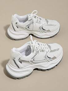 Women's Spring/Autumn New Casual Chunky Sneakers, Mesh Breathable Thick Sole Wedge Heel Leisure Shoes, Lightweight Versatile Fashion Lace-Up White/Gray Casual Sneakers, Suitable For All Seasons