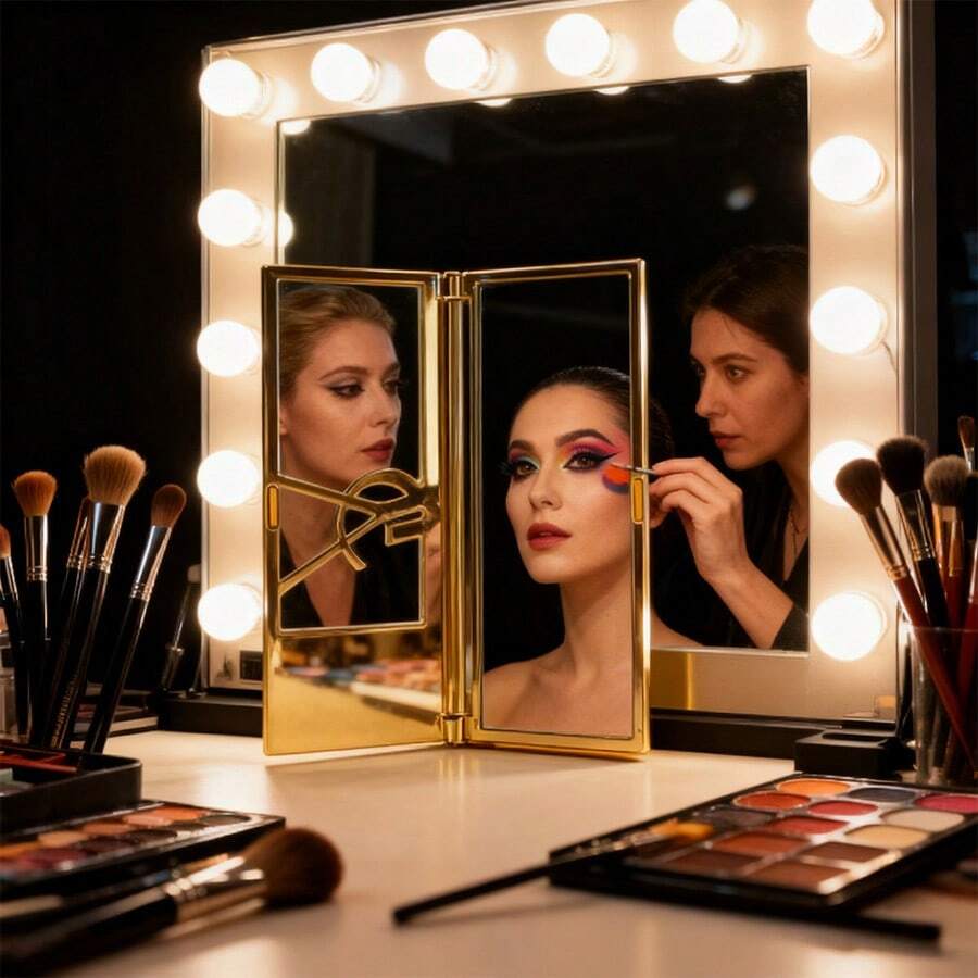 Yves Saint Laurent Specchio da trucco portatile dorato di alta qualità, specchio pieghevole per il trucco, ritocco del trucco, comodo da trasportare, un regalo per amici o familiari, e un regalo per le festività