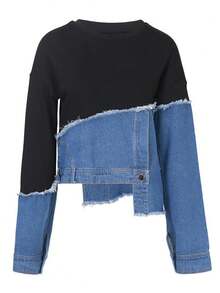GLOURI Women's Black Denim Patchwork Sweatshirt - Long Sleeve Crewneck With Raw Edge Hem & Side Slits | Loose Fit Casual Top For Streetwear And Daily Outfits - 黑色 - 查看 7